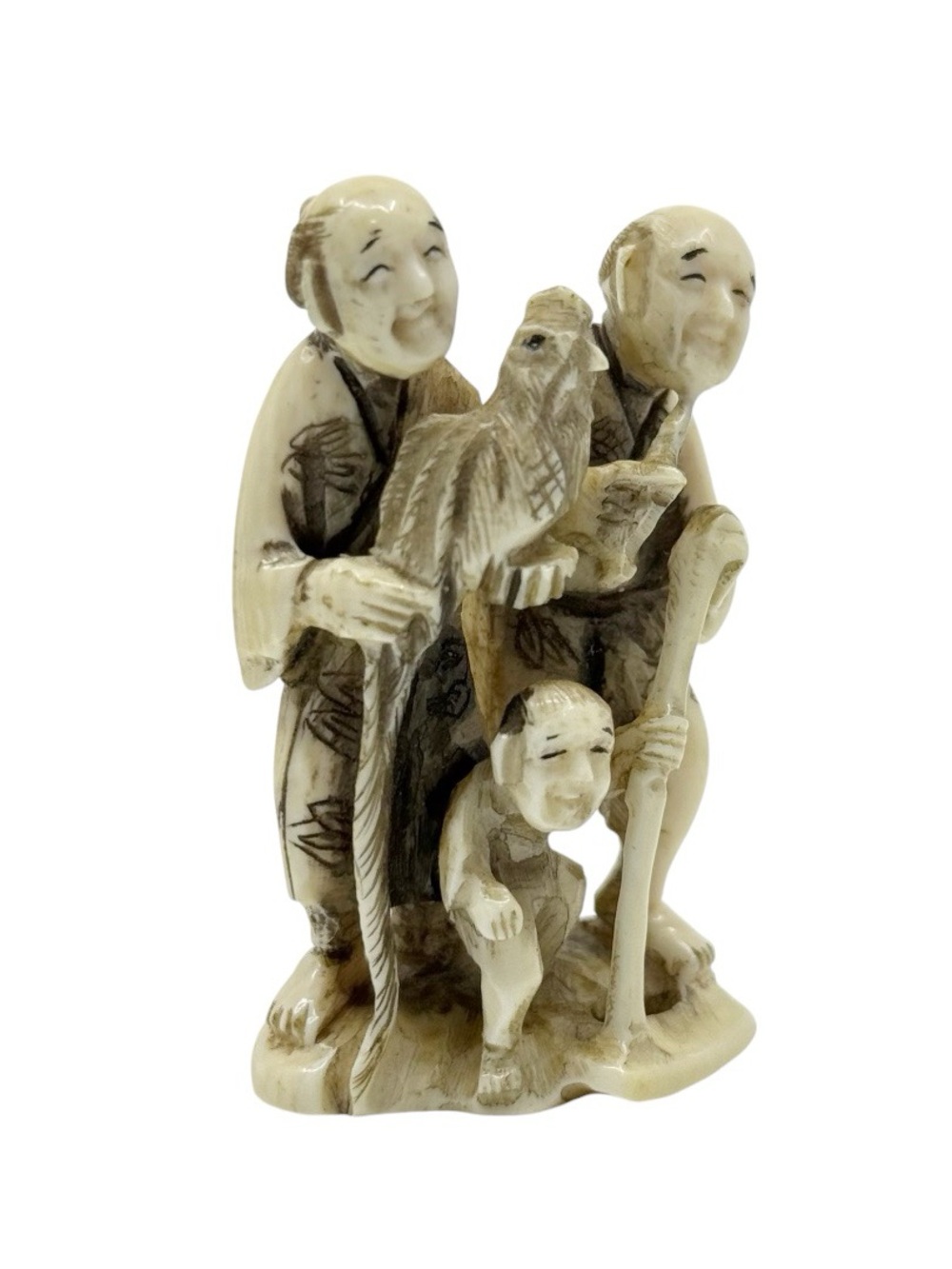 Vintage Showa period Japanese farmers and a kid carved Ivory netsuke